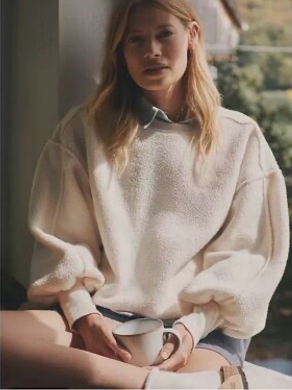 Pilcro Anthropologie Off White Sherpa Pullover Sweatshirt Balloon Sleeve M #2648 - Picture 1 of 10